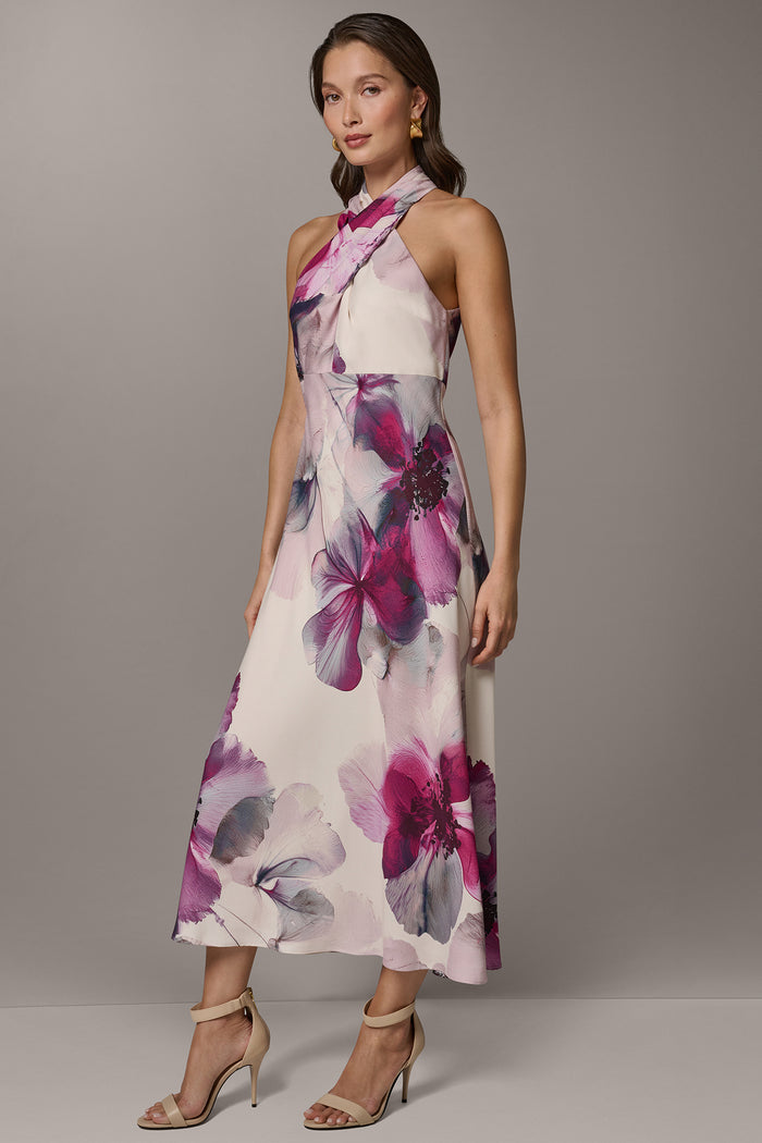 SLEEVELESS CROSS-FRONT MIDI A-LINE HALTER DRESS