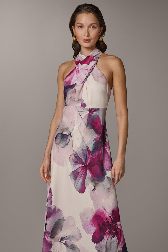 SLEEVELESS CROSS-FRONT MIDI A-LINE HALTER DRESS