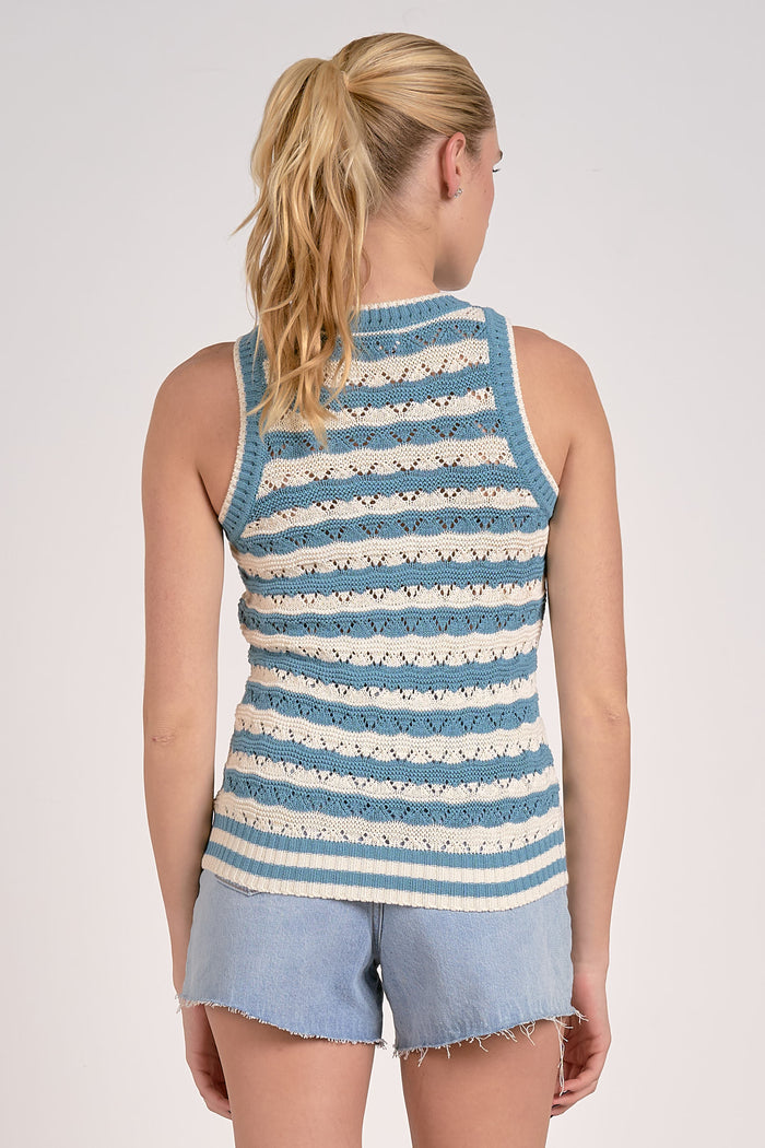 Sleeveless High-Neck Tank Top - Off White/Aqua