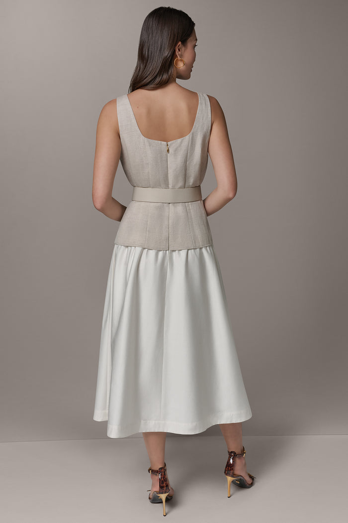 SLEEVELESS MIDI FIT AND FLARE DRESS