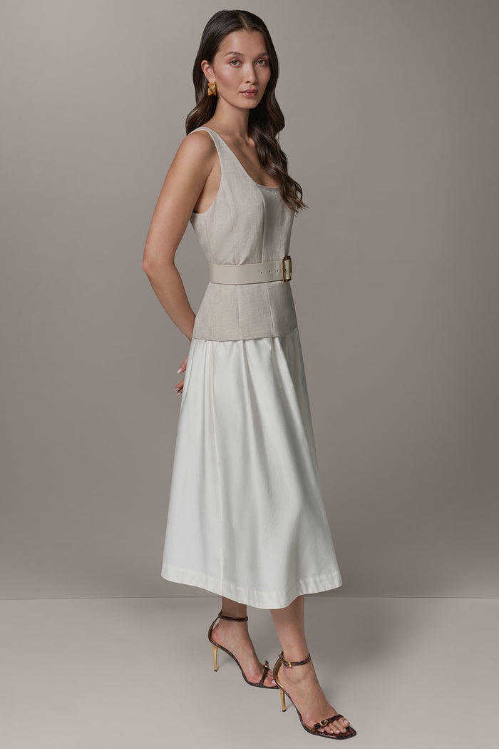 SLEEVELESS MIDI FIT AND FLARE DRESS