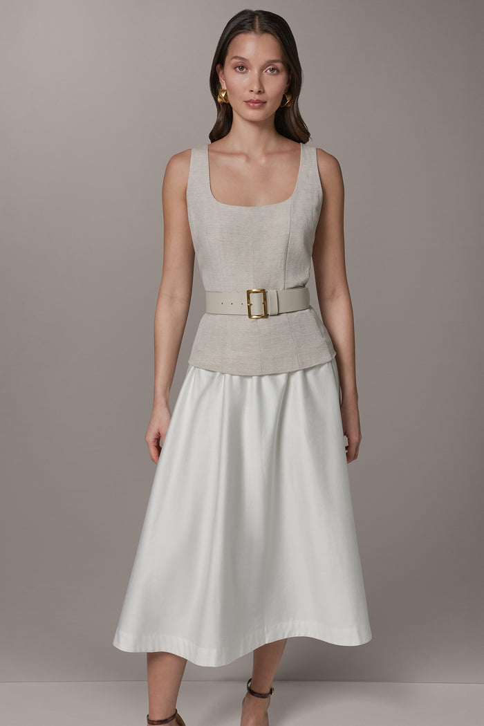 SLEEVELESS MIDI FIT AND FLARE DRESS