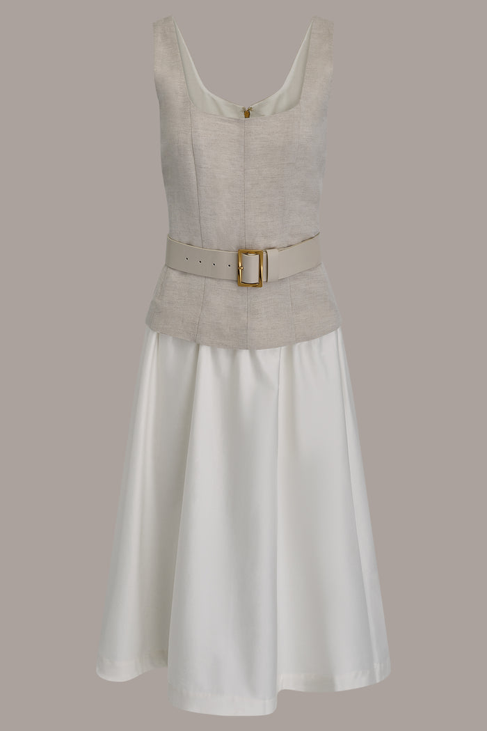SLEEVELESS MIDI FIT AND FLARE DRESS