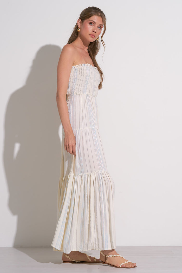 Sleeveless Smocked Maxi Dress - Ivory/Blue Stripe