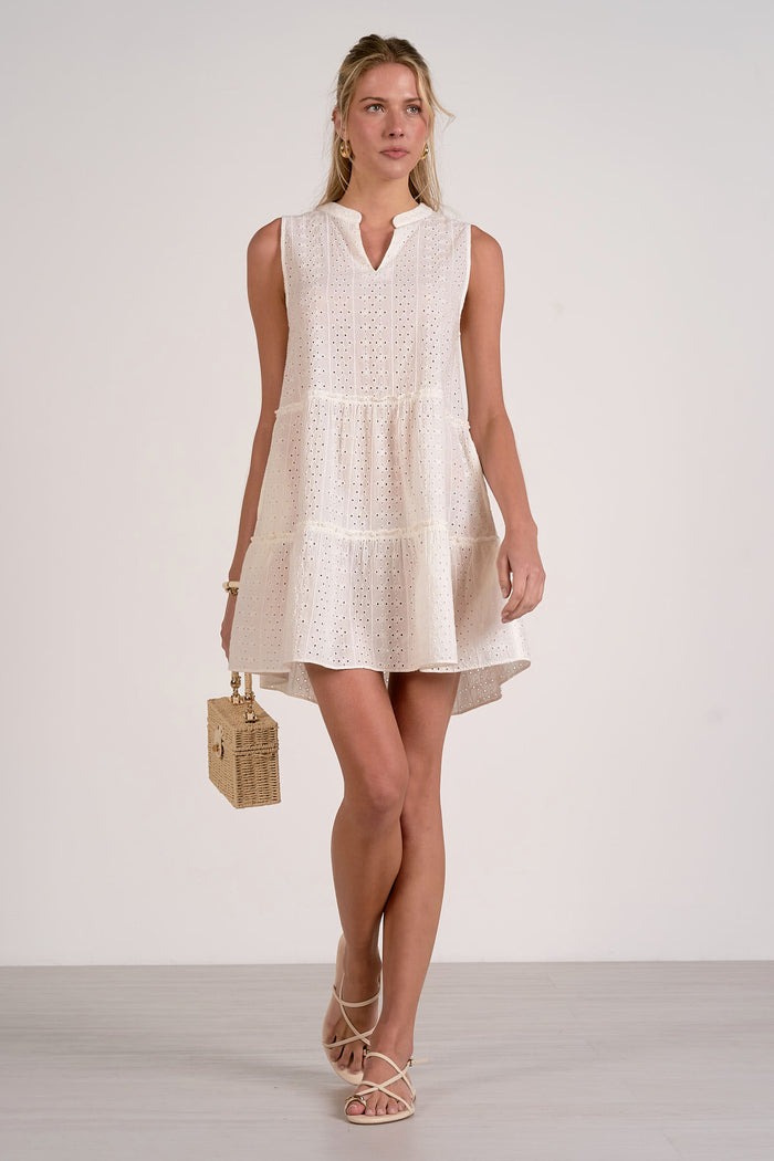 Sleeveless V-Neck Eyelet Mini Dress - White
