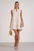 Sleeveless V-Neck Eyelet Mini Dress - White