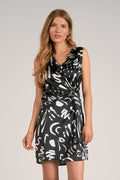 Sleeveless Wrap Tie Mini Dress - Black Abstract