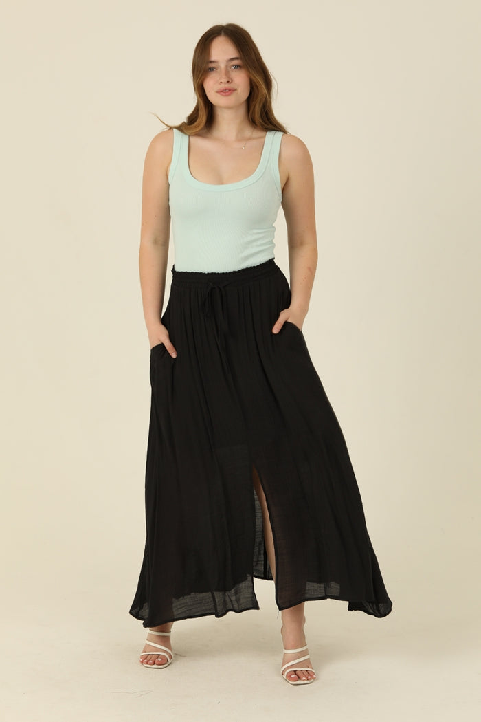 Smocked Waistband Maxi Skirt Center Slit - Black