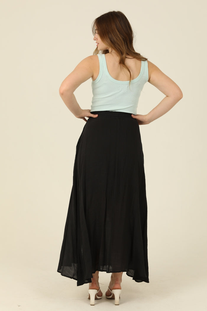 Smocked Waistband Maxi Skirt Center Slit - Black