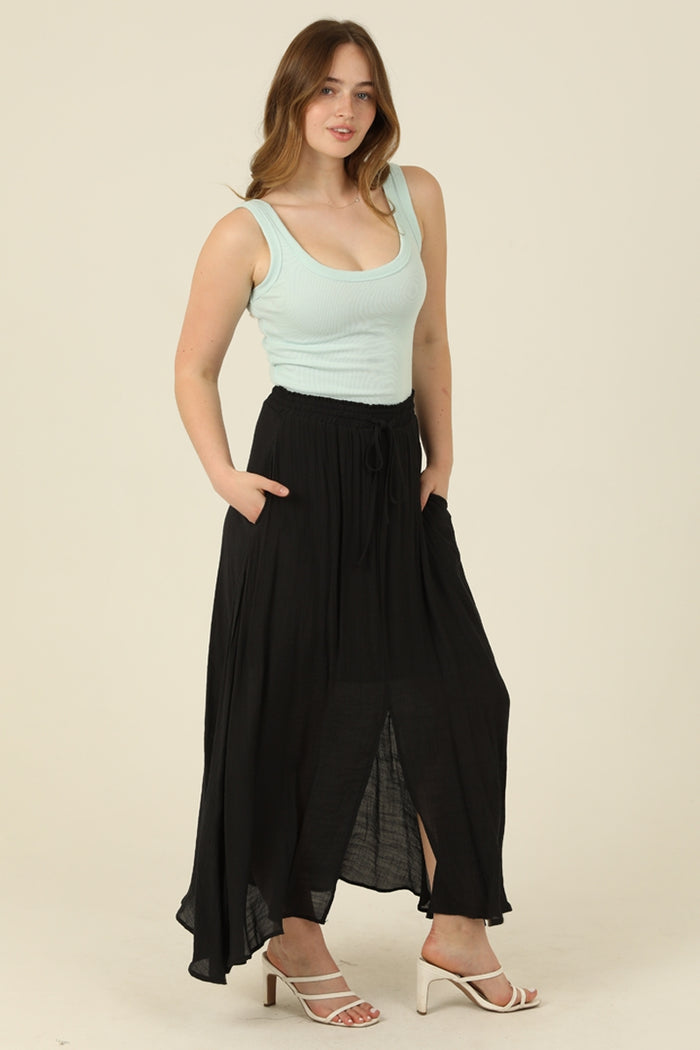 Smocked Waistband Maxi Skirt Center Slit - Black