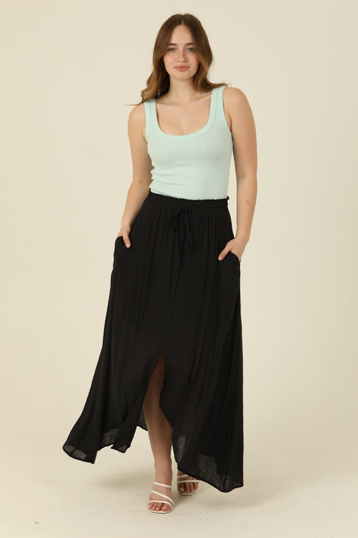 Smocked Waistband Maxi Skirt Center Slit - Black
