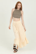 Smocked Waistband Maxi Skirt with Angled Hem  - Ivory