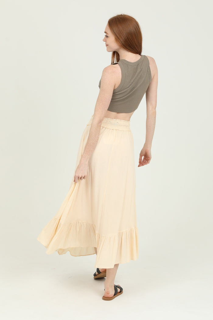 Smocked Waistband Maxi Skirt with Angled Hem  - Ivory