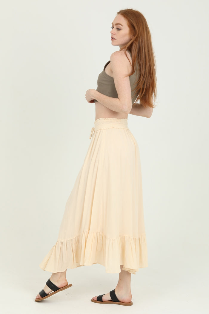 Smocked Waistband Maxi Skirt with Angled Hem  - Ivory