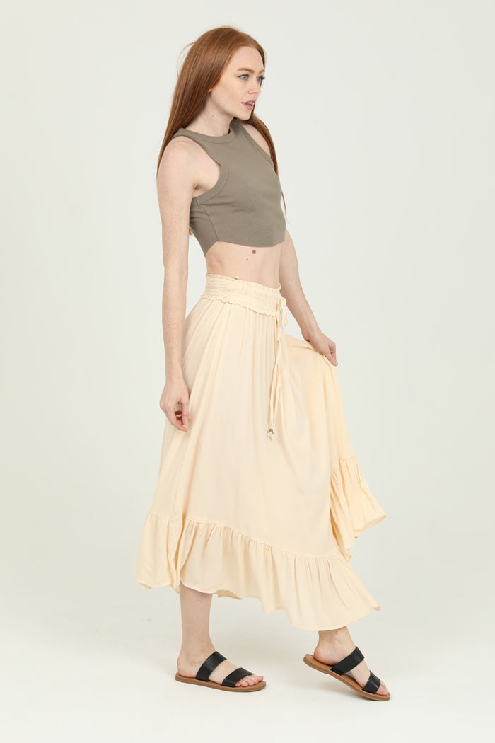 Smocked Waistband Maxi Skirt with Angled Hem  - Ivory