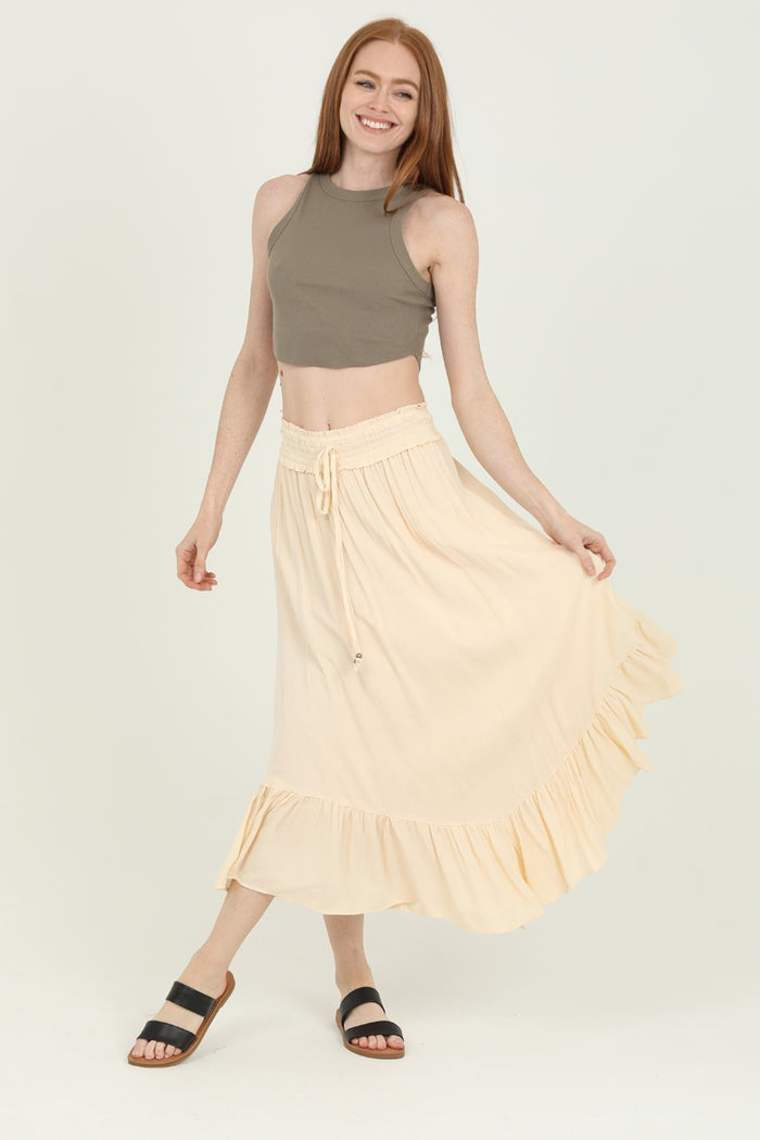Smocked Waistband Maxi Skirt with Angled Hem  - Ivory
