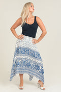 Smocked Waistband Maxi Skirt with Hanky Hem - Ivory/Navy