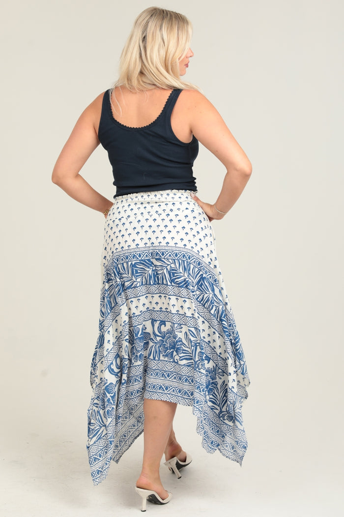 Smocked Waistband Maxi Skirt with Hanky Hem - Ivory/Navy