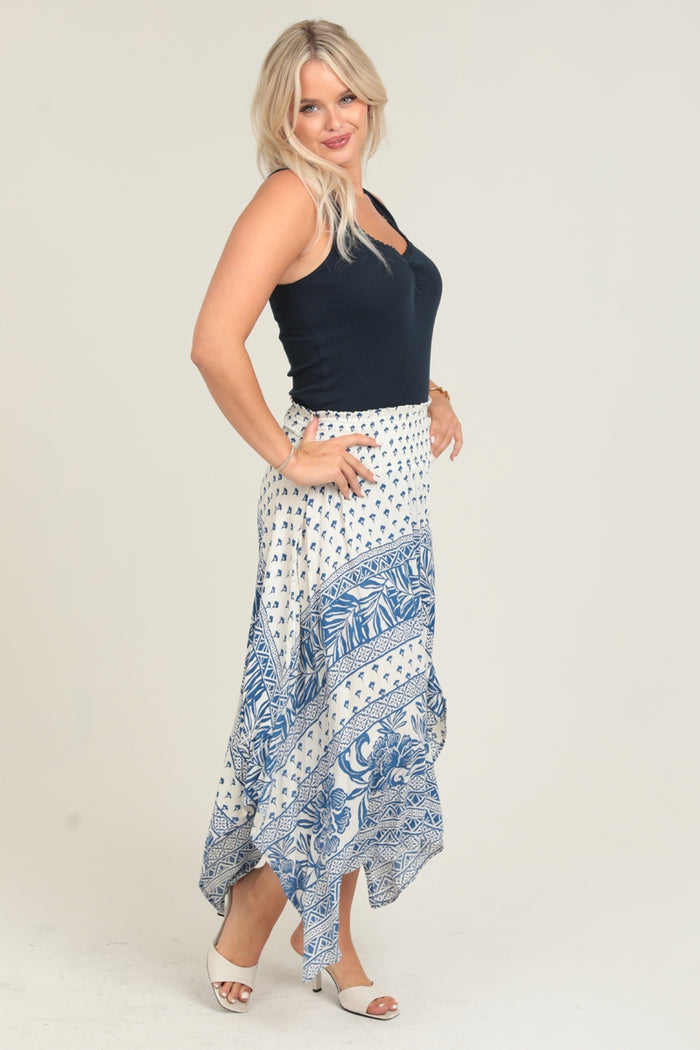 Smocked Waistband Maxi Skirt with Hanky Hem - Ivory/Navy