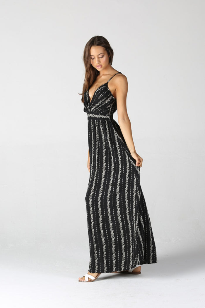 Spaghetti Strap Deep V-Neck Maxi Dress - Black