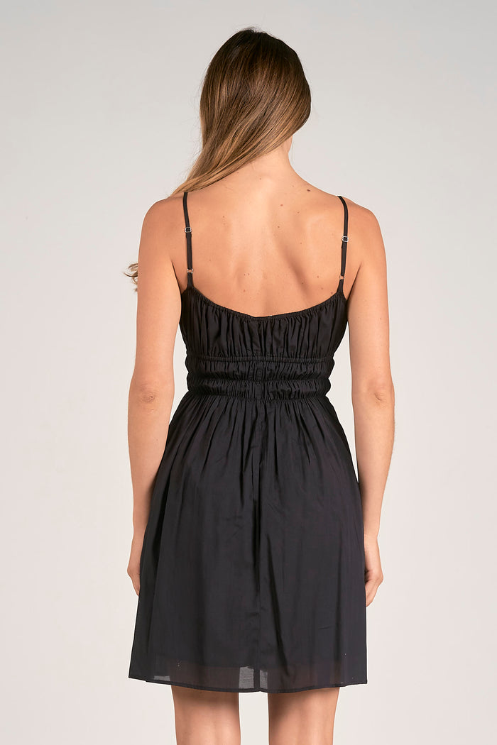 Spaghetti Strap Mini Dress with Smocked Top - Black