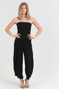 Strapless Smocked  Bodice Wrap Leg Jumpsuit - Black