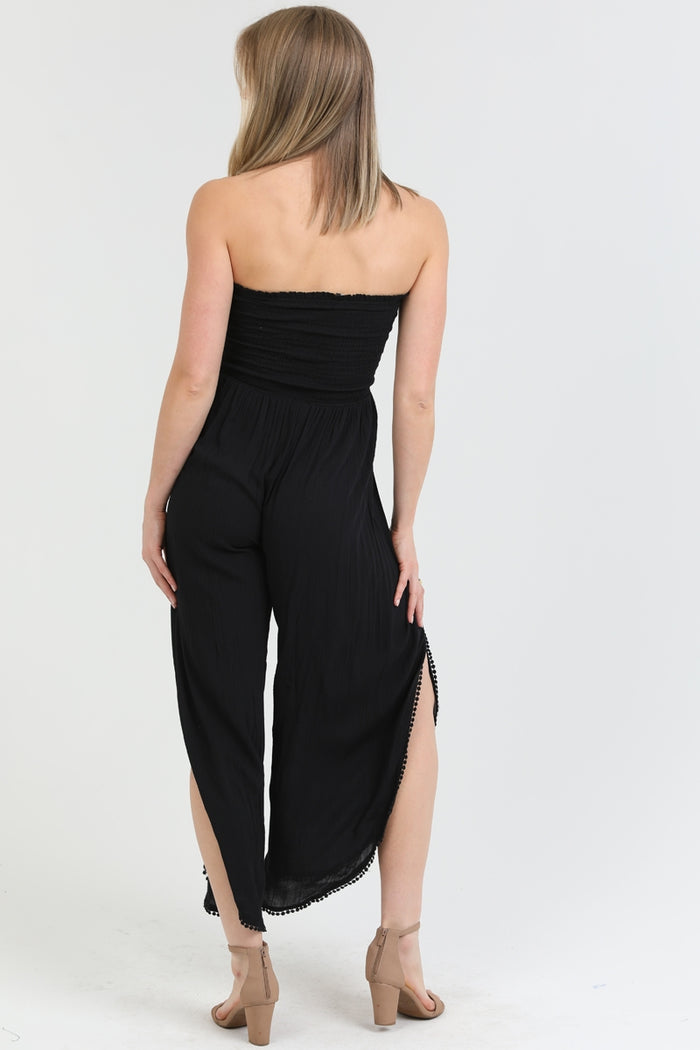 Strapless Smocked  Bodice Wrap Leg Jumpsuit - Black