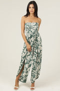 Strapless Smocked  Bodice Wrap Leg Jumpsuit - Green Floral