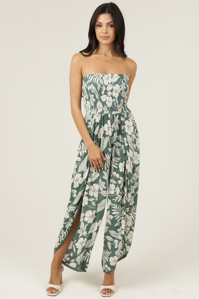 Strapless Smocked  Bodice Wrap Leg Jumpsuit - Green Floral