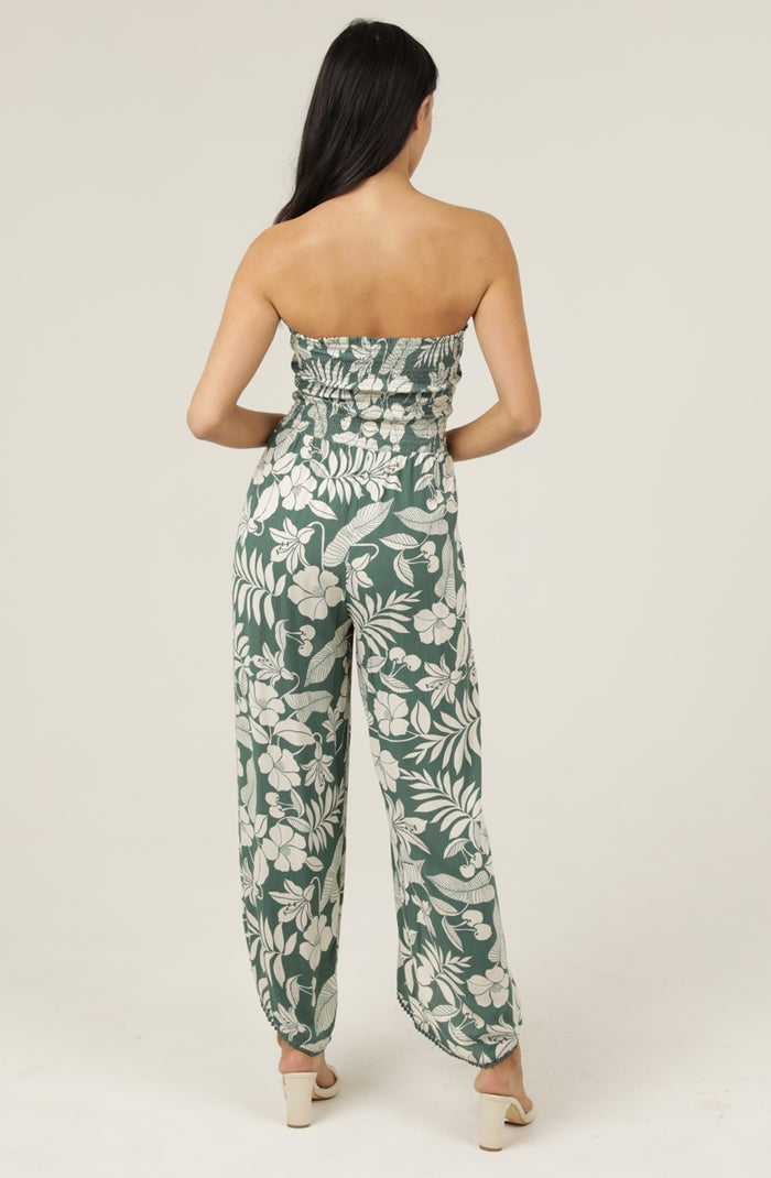 Strapless Smocked  Bodice Wrap Leg Jumpsuit - Green Floral