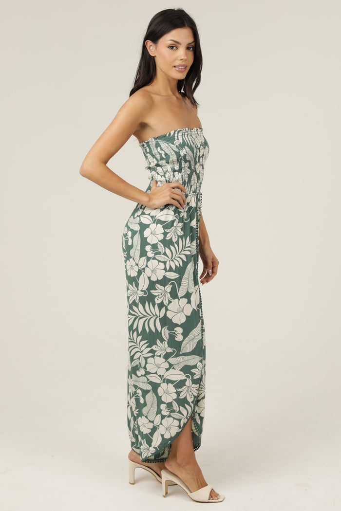 Strapless Smocked  Bodice Wrap Leg Jumpsuit - Green Floral
