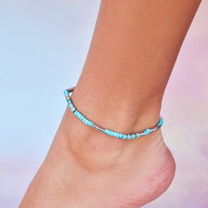 Stretch Anklet - Turquoise Bead - Silver