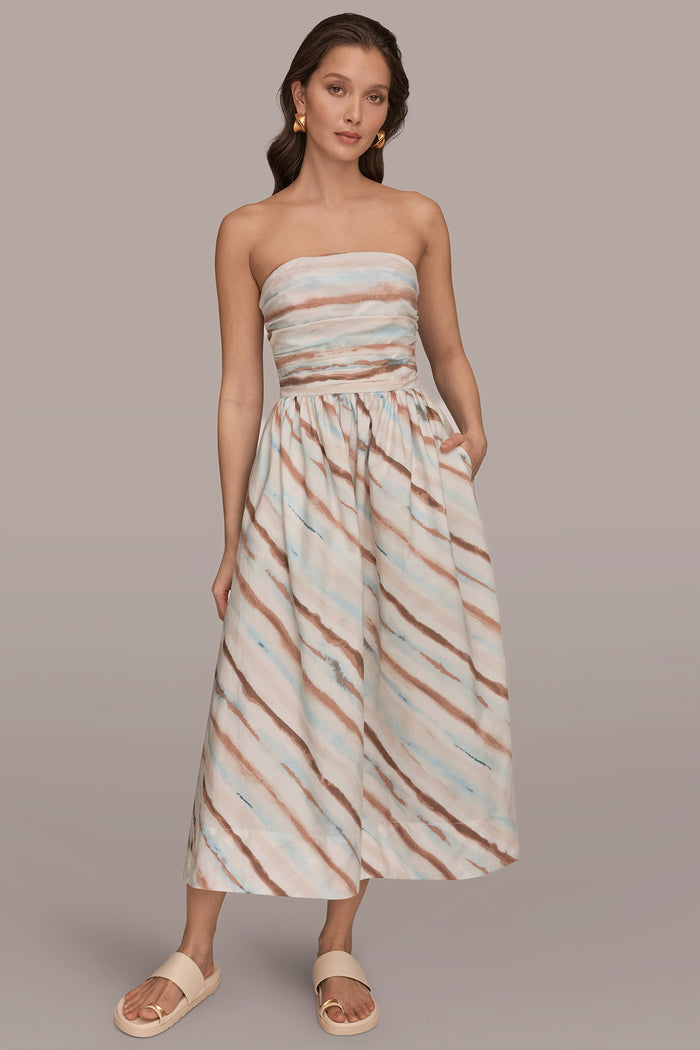 STRETCH COTTON-POPLIN STRAPLESS PRINTED MIDI DRESS