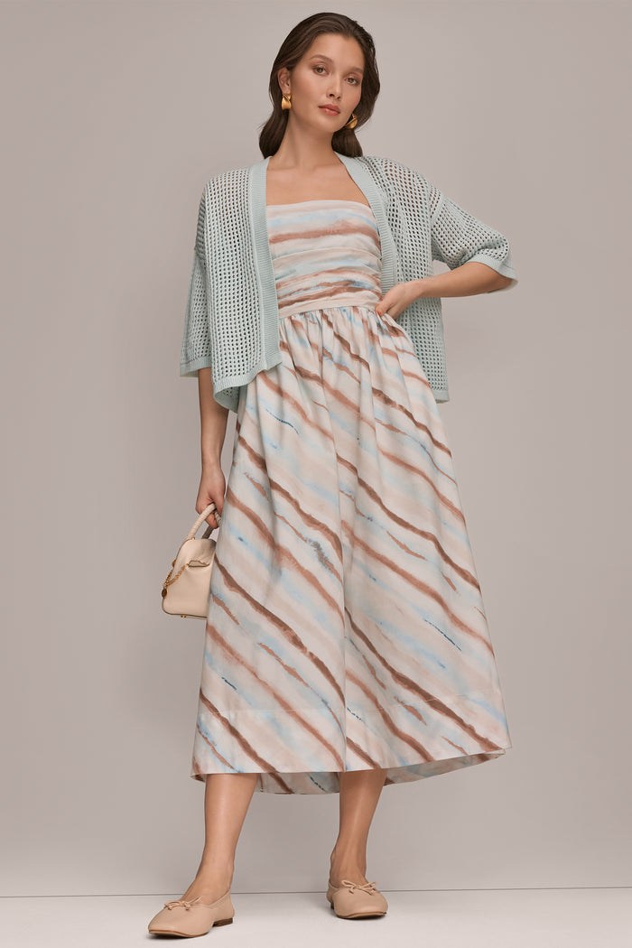 STRETCH COTTON-POPLIN STRAPLESS PRINTED MIDI DRESS