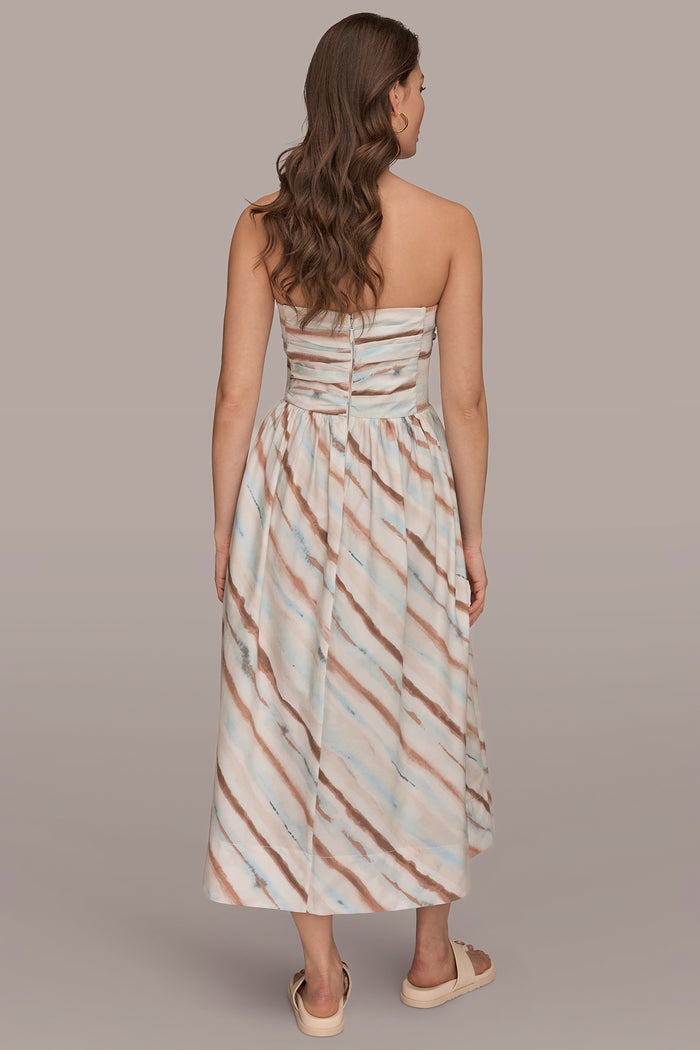 STRETCH COTTON-POPLIN STRAPLESS PRINTED MIDI DRESS