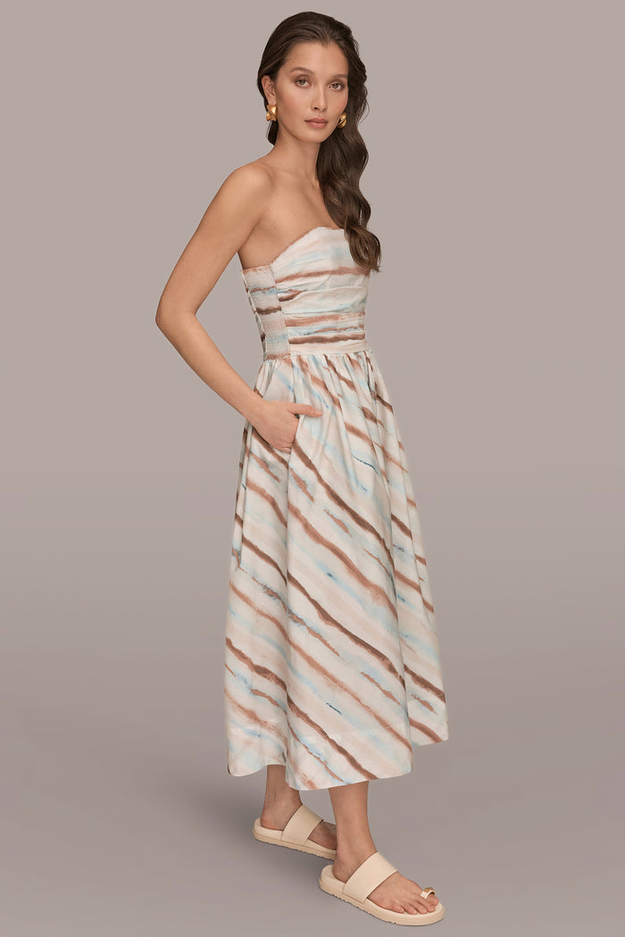 STRETCH COTTON-POPLIN STRAPLESS PRINTED MIDI DRESS