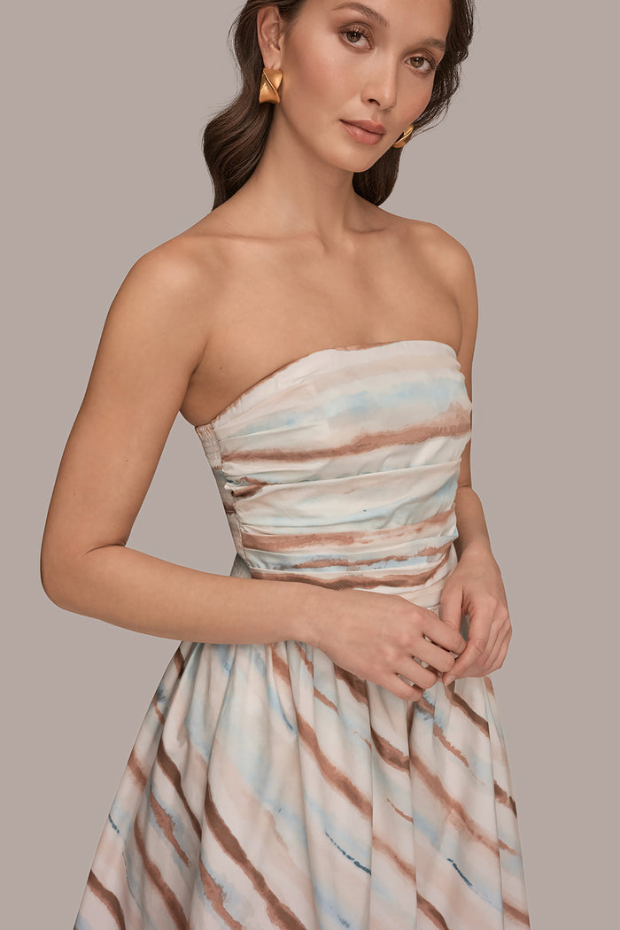 STRETCH COTTON-POPLIN STRAPLESS PRINTED MIDI DRESS