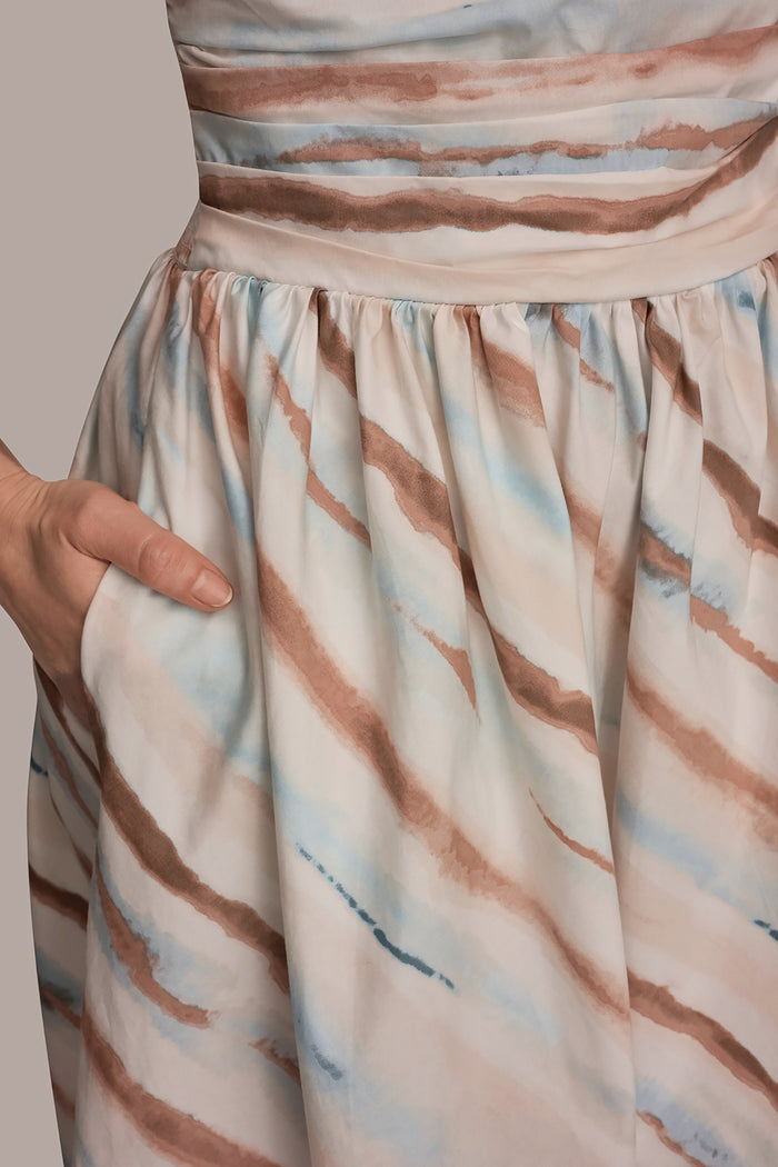 STRETCH COTTON-POPLIN STRAPLESS PRINTED MIDI DRESS
