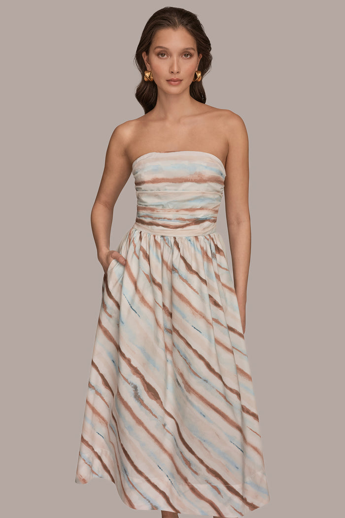 STRETCH COTTON-POPLIN STRAPLESS PRINTED MIDI DRESS
