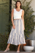 Striped Midi Skirt with Wavy Tier Ruffles - Ivory