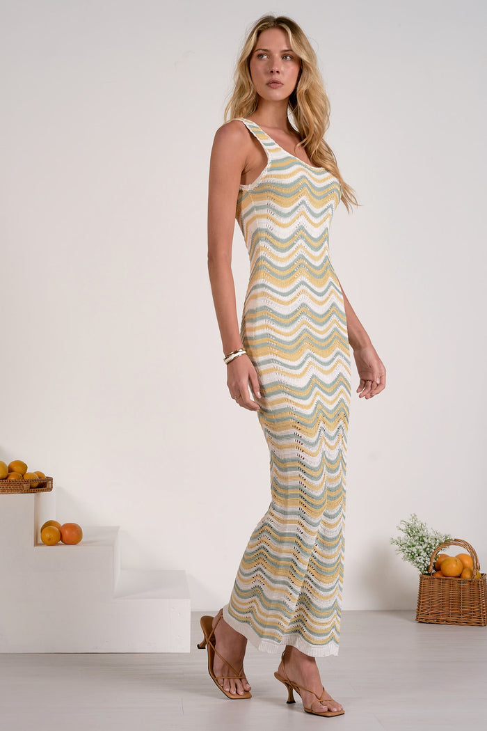 Tank Strap Crochet Maxi Dress - White/Yellow/Green