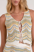 Tie Front Crochet Vest - White/Yellow/Green
