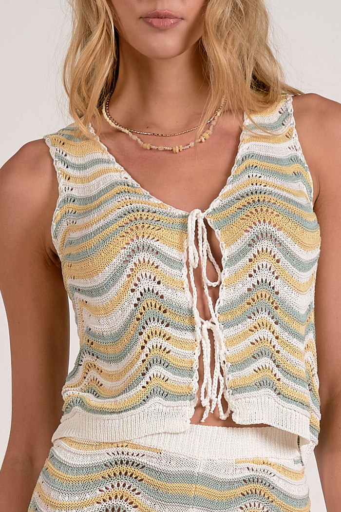 Tie Front Crochet Vest - White/Yellow/Green