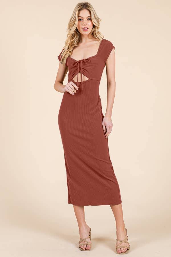 TIE FRONT RUCHED CAP SLEEVE CUT OUT SCOOP BACK