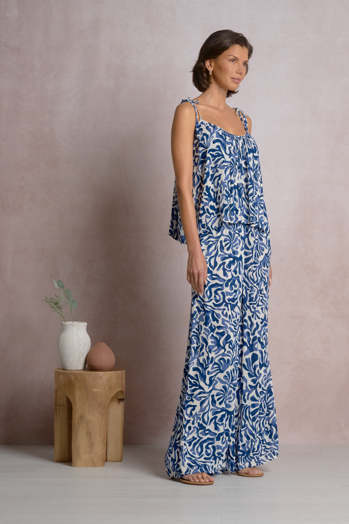 Tie Strap Flowy Tank Top - Blue Carolina