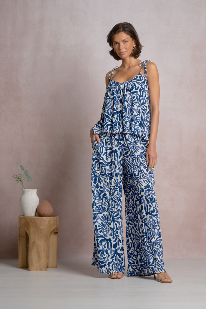 Tie Strap Flowy Tank Top - Blue Carolina