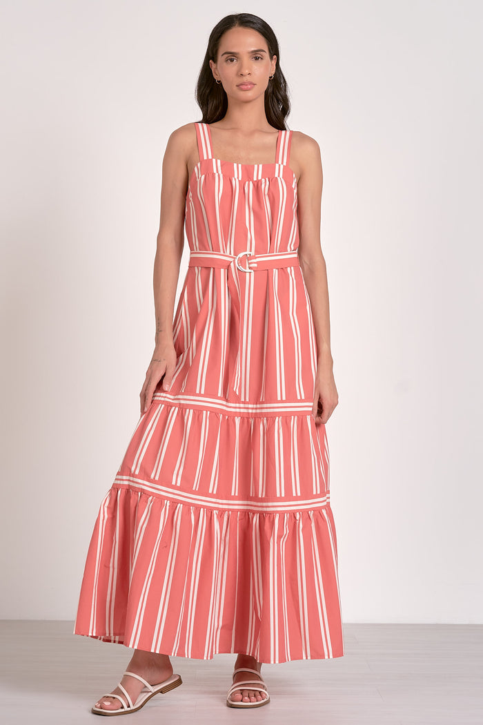 Tiered Maxi Dress with Belt - Coral Stripe