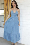 V-Neck Open Tie-Back Maxi Dress - Blue Steel