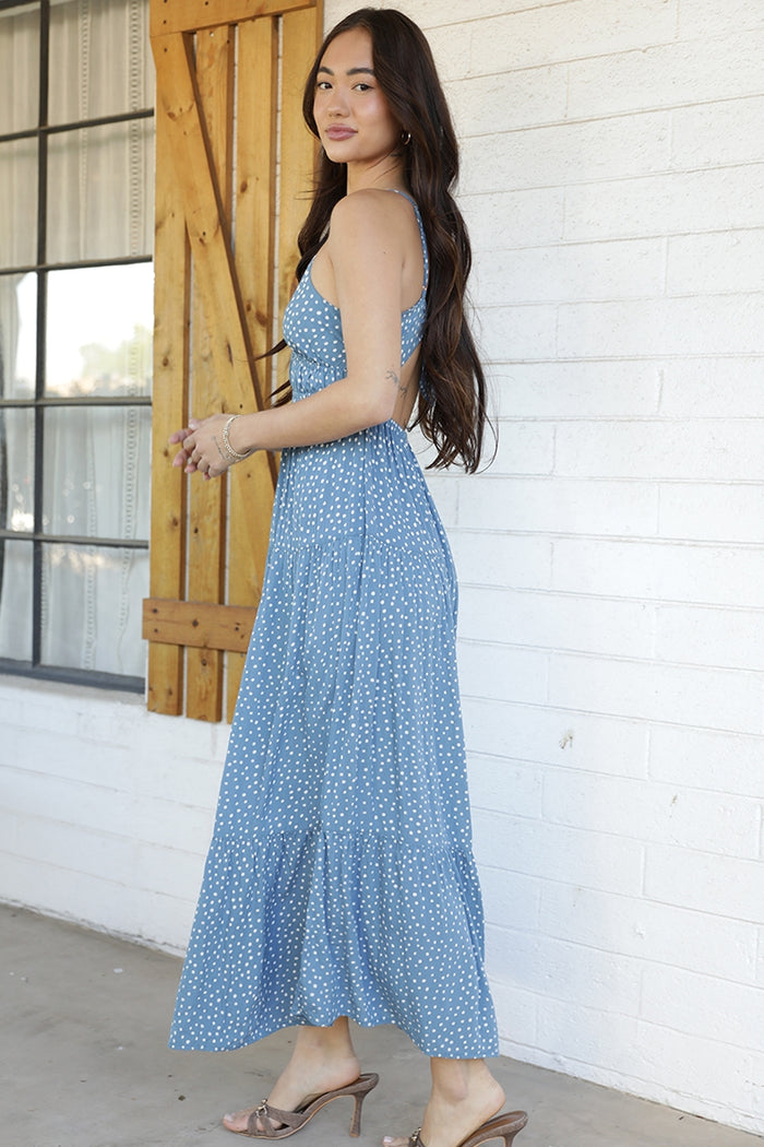 V-Neck Open Tie-Back Maxi Dress - Blue Steel