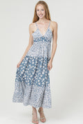 V-Neck Open Tie-Back Mixed Print Maxi Dress - Peacock
